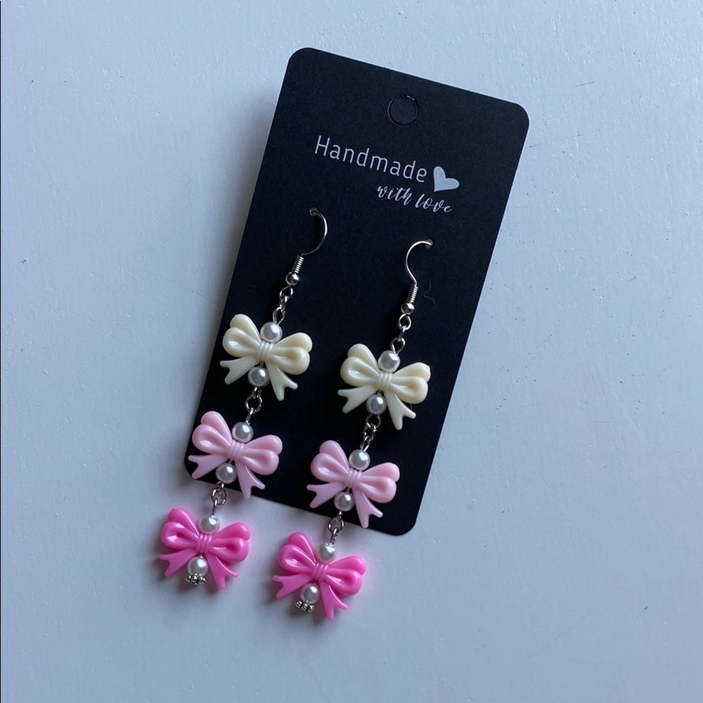 Handmade Pink and Cream Bow Earrings for Kids